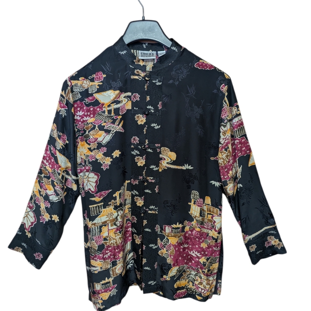 Chico's Vintage 100% Silk Asian Inspired Print Mandarin Collar Top Size 0 Small - Picture 11 of 11